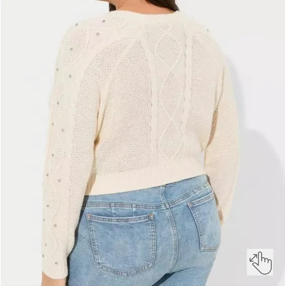 Torrid Cable Knit Cropped Cardigan With Rhinstones In Cream Size 3X - Picture 3 of 11